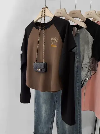 咖色显瘦插肩T恤女袖口破洞高级感秋季大码打底衫潮牌ins长袖上衣商品大图