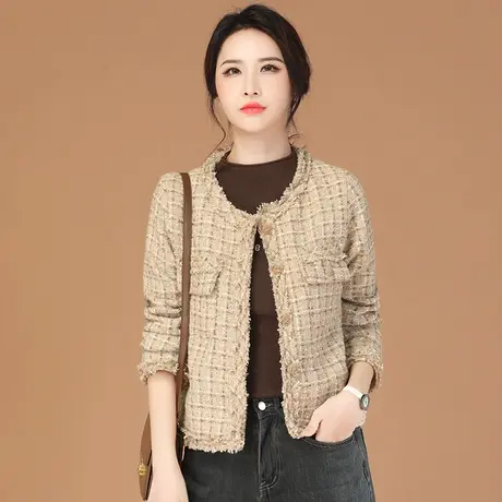 韩潮袭人高级感小香风圆领格纹外套女2023冬季新款百搭显瘦棉服图片