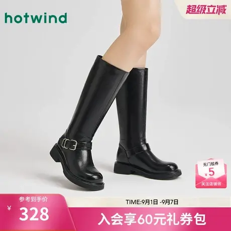 热风黑色骑士靴女2025年冬季新款百搭牛仔西部靴时装长筒靴子女鞋商品大图