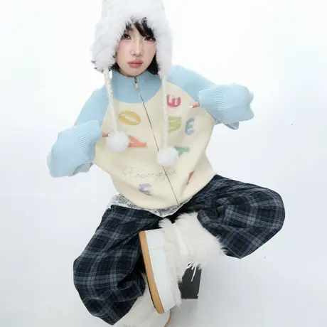 美式撞色拼接字母印花立领拉链开衫毛衣女春秋新款宽松情侣针织衫图片
