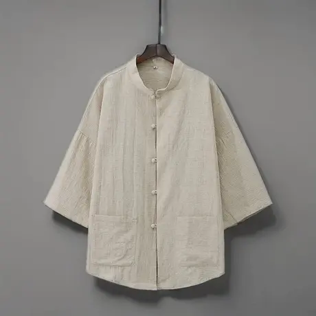 夏季男七分袖衬衫中国风复古宽松盘扣亚麻衣服休闲民族风中袖衬衣商品大图