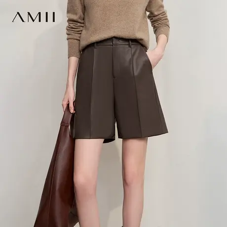 Amii2025冬极简气质环保皮革合体无弹皮质通勤拼橡筋短裤女商品大图