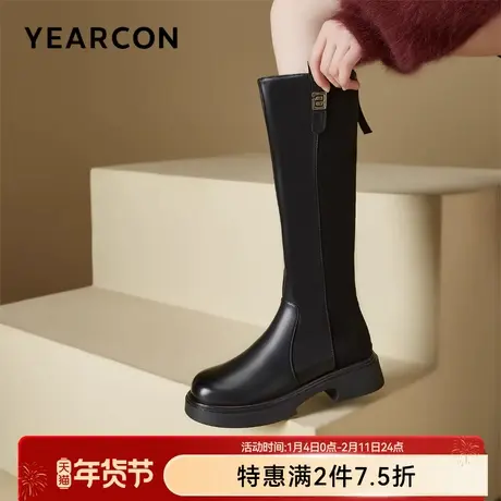 意尔康女鞋冬季女士拼接长靴不过膝高筒瘦瘦靴加绒粗跟骑士靴休闲图片