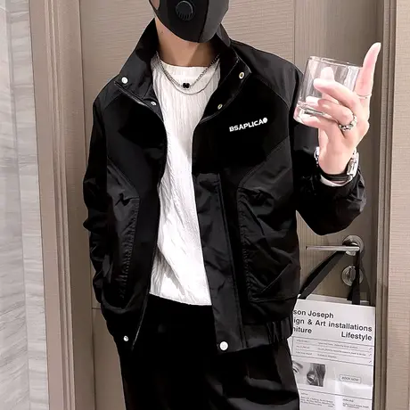 秋季立领工装夹克男个性短款拼接穿搭飞行员外套休闲青年秋装褂子商品大图