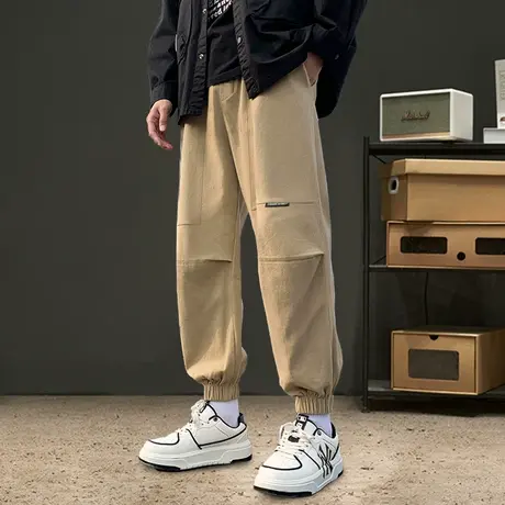 唐狮秋冬新款男休闲长裤宽松束脚裤子潮流日系拼接直筒裤子简约TE图片
