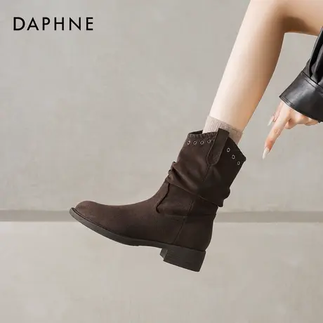 达芙妮堆堆靴咖色靴子女2026新款爆款冬季棕色粗跟短靴骑士马丁靴商品大图