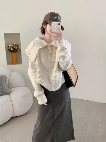 荷叶领甜美软糯毛衣开衫女早秋2023新款韩版宽松洋气减龄针织外套图片