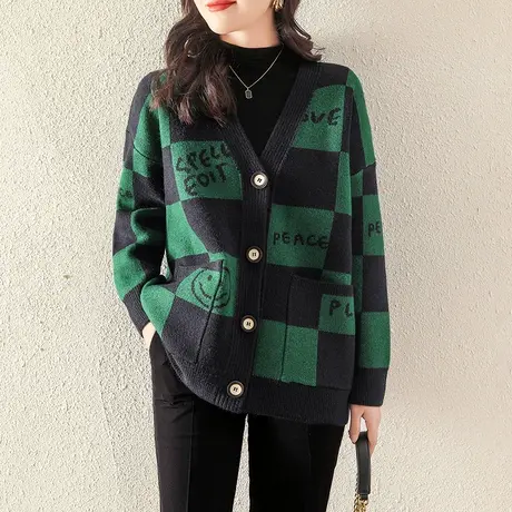 2023年秋季新款针织衫女开衫韩版宽松格子毛衣外套秋冬慵懒风外穿图片