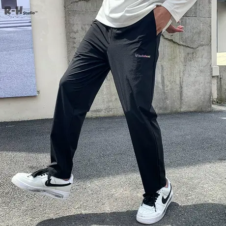Radiohead黑色休闲长裤男宽松小脚滑面舒适显高显瘦镭射反光裤子商品大图