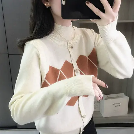 假两件套头针织衫女士秋冬季2023新款气质外穿套头毛衣女装打底衫商品大图