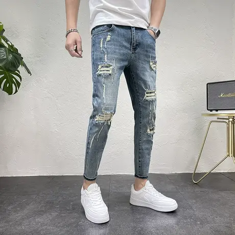 2023新款四季九分水洗做旧小脚裤男潮流破洞牛仔裤微弹刮烂铅笔裤商品大图