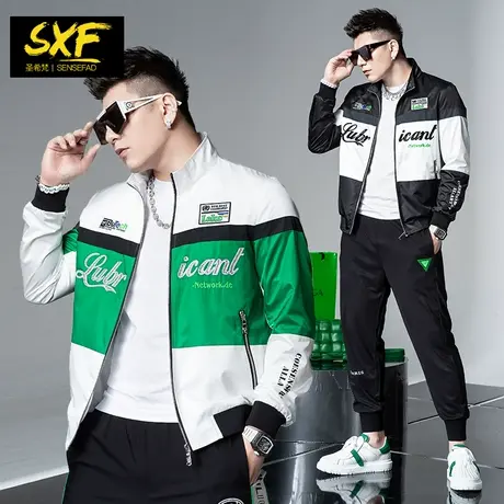 SXF圣希梵夹克男 2023春装新款外衣炫彩刺绣拼色翻领潮牌男士外套图片