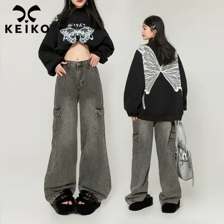 KEIKO 工装口袋直筒牛仔裤女秋冬复古做旧垂感高腰宽松阔腿拖地裤商品大图