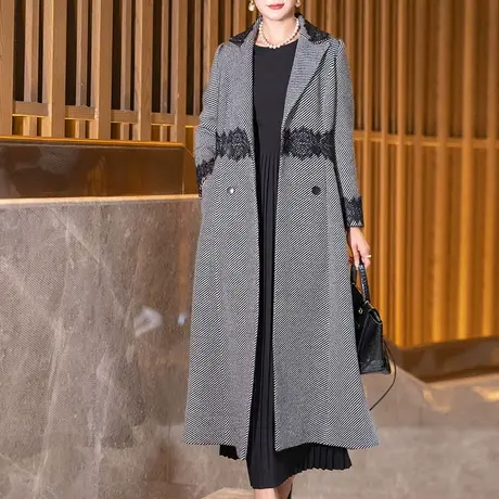 毛呢大衣女秋冬2023年新款时尚气质西装领双排扣拼接长款羊毛大衣图片