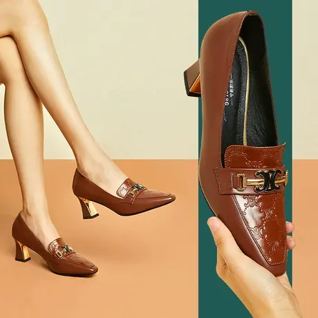 秋季时尚真皮舒适手工粗跟女鞋压花浅口尖头复古全皮中跟单鞋商品大图