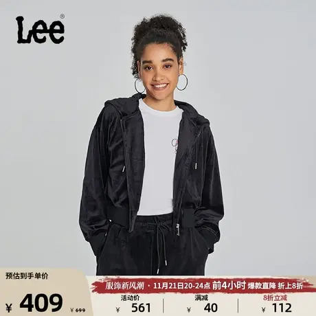 Lee舒适版型短款logo刺绣女丝绒连帽短外套黑色休闲LWT007310204图片