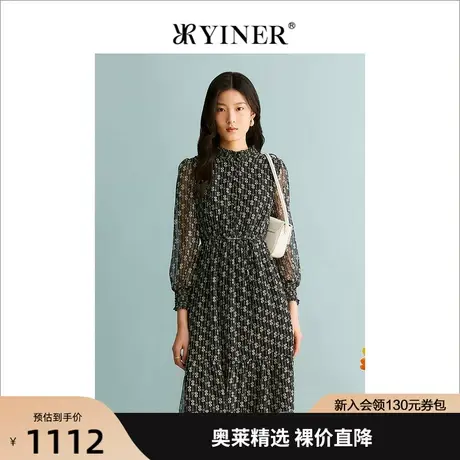 YINER音儿女装2023秋季新款法式印花木耳花边打揽连衣裙图片