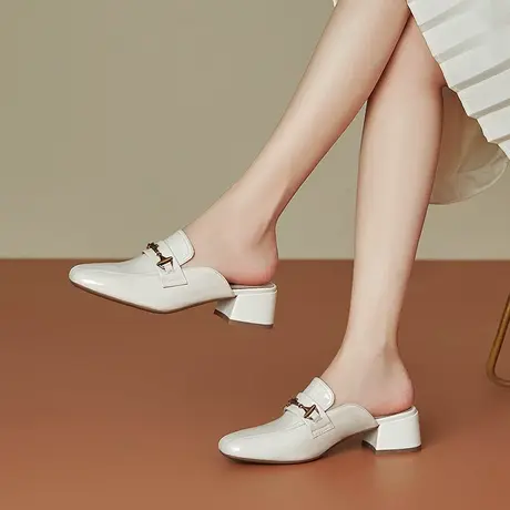 夏季新款真皮法式包头拖鞋女舒适软皮软面牛皮粗中跟百搭时尚女鞋商品大图