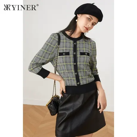 *YINER音儿奥莱女装秋季灰色格子提花毛针织衫商品大图