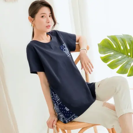 桔熊夏季民族风图腾印花拼接a字设计感中长款上衣女士大码AB12676图片