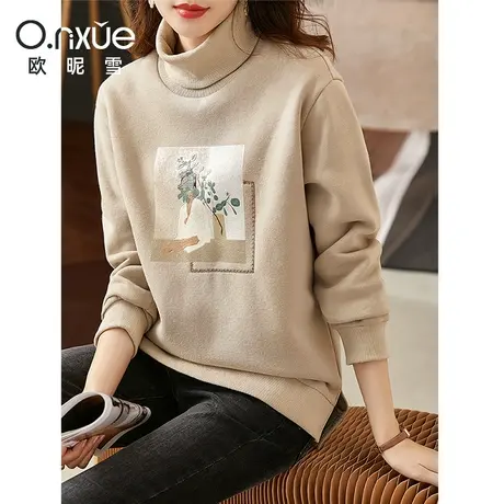 欧昵雪时尚高领绣花加厚加绒保暖卫衣女2023冬季新款落肩长袖宽松图片