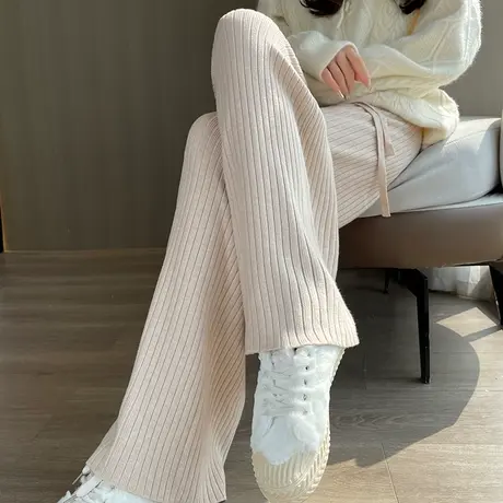 杏色针织羊毛绒阔腿裤女秋冬新款高腰垂感窄版休闲软糯拖地直筒裤图片