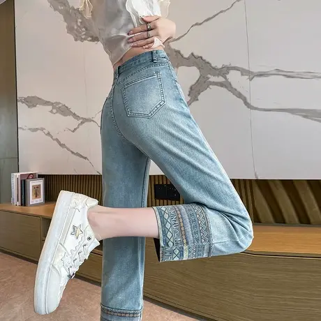 九分印花翻边直筒牛仔裤女夏季薄款高腰宽松显瘦小个子八分烟管裤商品大图