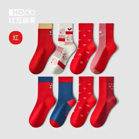 本命年红色长袜女士运动袜精梳棉保暖中筒袜可爱印花4双装情侣袜商品大图
