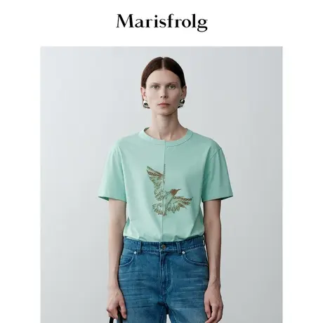 【商场同款】玛丝菲尔2023年秋季新款设计感海鸥烫钻印花短袖T恤商品大图