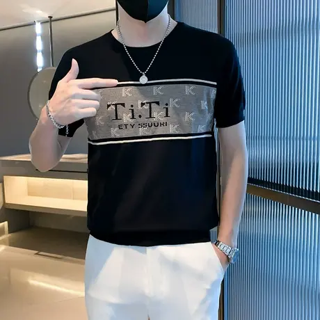 夏季男士字母t恤男装短袖半袖修身潮流圆领针织衫半截袖潮牌体恤商品大图