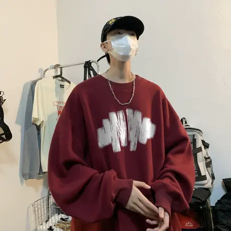 美式模糊涂鸦印花卫衣男秋季oversize休闲风圆领上衣宽松高街外套商品大图