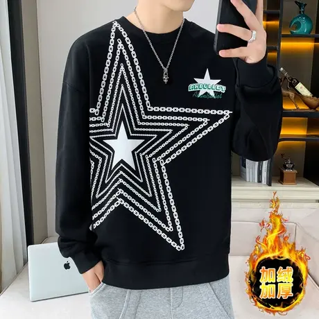 圆领卫衣男士加绒加厚长袖T恤韩版潮流休闲时尚秋冬季印花打底衫商品大图