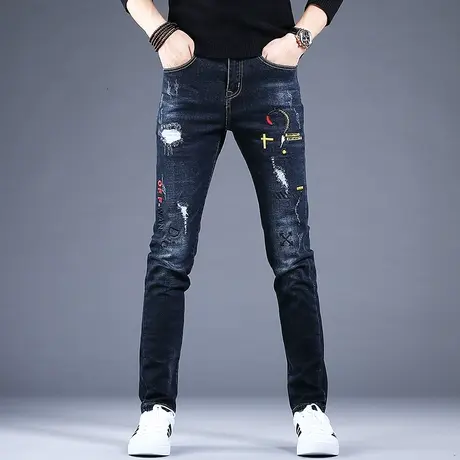 秋冬新款男士刺绣破洞牛仔裤男款潮牌修身小脚休闲裤子男潮流韩版商品大图