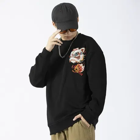 男生国潮卫衣圆领纯棉套头醒狮刺绣无帽潮牌保暖长袖大码宽松外套图片