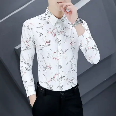 2023新款春季碎花长袖衬衫男士潮流韩版痞帅男装烫金个性修身衬衣商品大图
