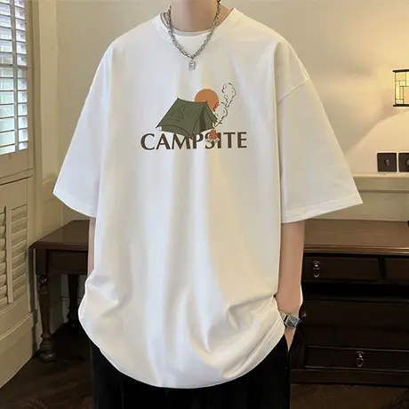 港风短袖t恤男士夏季潮牌宽松印花纯棉上衣服潮流百搭半袖体恤衫T图片