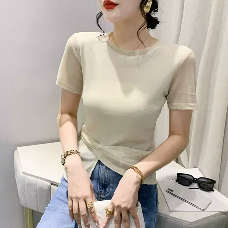 欧货性感短袖T恤女夏装时尚洋气网纱小衫别致设计感小众开叉上衣图片