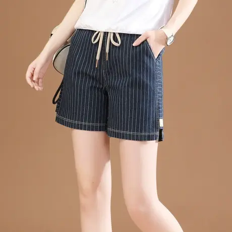 韩潮袭人松紧腰条纹直筒牛仔短裤女2024夏季新款宽松显瘦哈伦热裤图片
