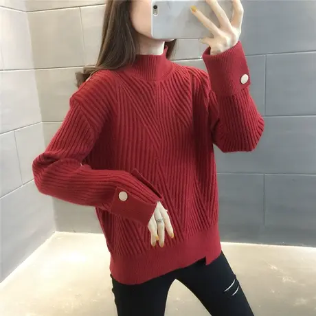 半高领纯色毛衣女套头衫2023年春秋不规则钮扣设计感针织打底上衣商品大图