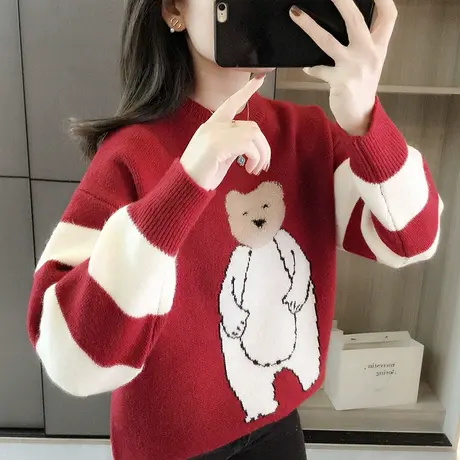 2023新款秋冬季圆领套头毛衣女士宽松打底衫洋气卡通针织衫上衣图片