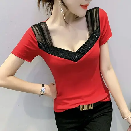 性感V领T恤女短袖夏装设计感洋气烫钻上衣时尚网纱拼接半袖小衫潮商品大图