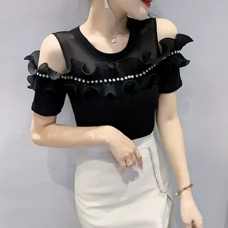 荷叶边短袖女夏季欧货性感露肩t恤2024洋气网纱拼接上衣修身半袖商品大图