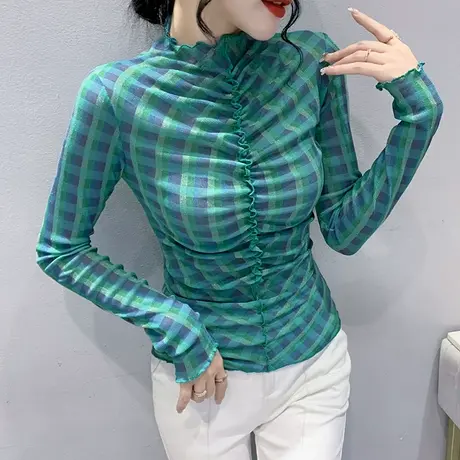 拼色格子网纱上衣女长袖2024春秋新款半高领打底衫气质木耳边T恤图片