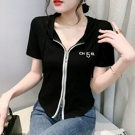 时尚拉链连帽T恤女短袖夏季网红高腰短款上衣设计感紧身丅恤小衫图片