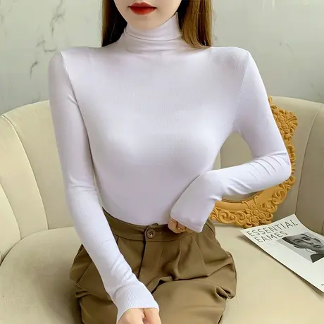 莫代尔罗纹高领打底衫女性感气质秋冬白色t恤衫百搭显瘦上衣体恤商品大图