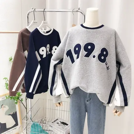 chic港风复古小众外套2021秋冬新款韩版重工字母加绒卫衣宽松大码商品大图