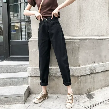 黑色牛仔裤女秋冬加绒加厚直筒宽松休闲高腰显瘦小个子哈伦老爹裤商品大图