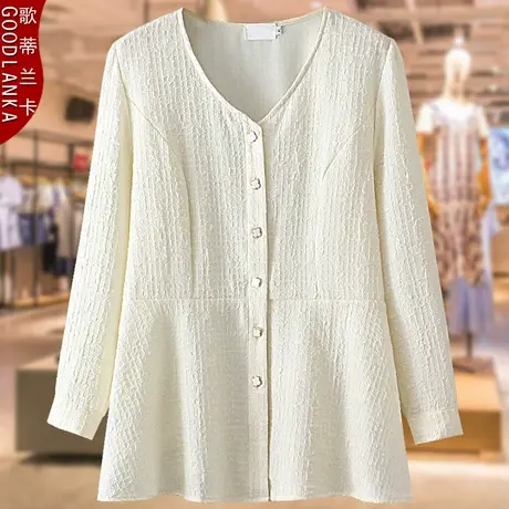 提花纯棉衬衫中年40岁妈妈洋气春秋款加肥加大码女装V领长袖上衣商品大图