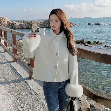冬季款韩版蝴蝶结双面呢羊毛长绒大衣女小个子狐狸毛袖口毛呢外套图片