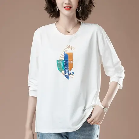 中年妈妈春秋季长袖t恤女加肥加大码宽松显瘦全棉印花圆领打底衫商品大图